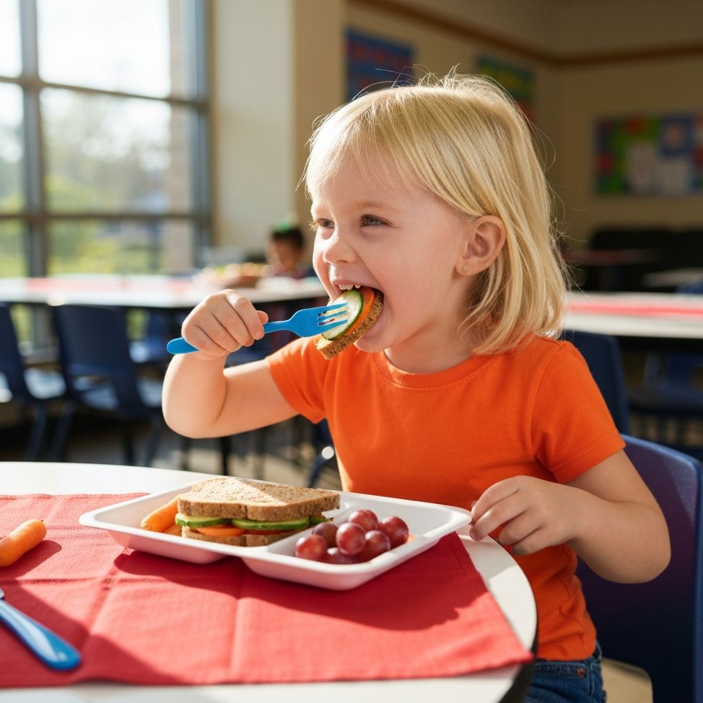 Child enjoying a healthy packed lunch with whole foods like fruits and vegetables