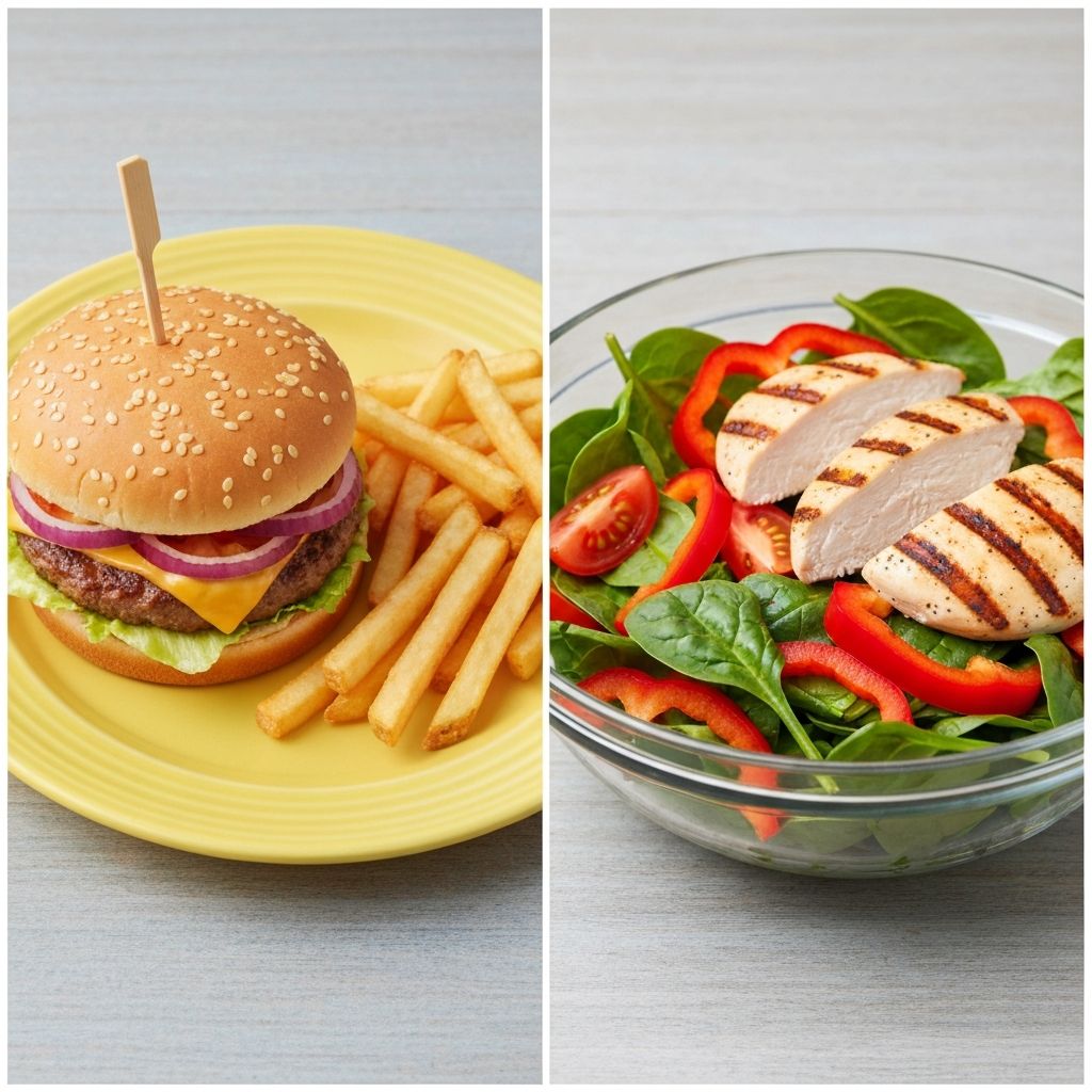 Comparison between ultra-processed fast food and a healthy plate of whole foods
