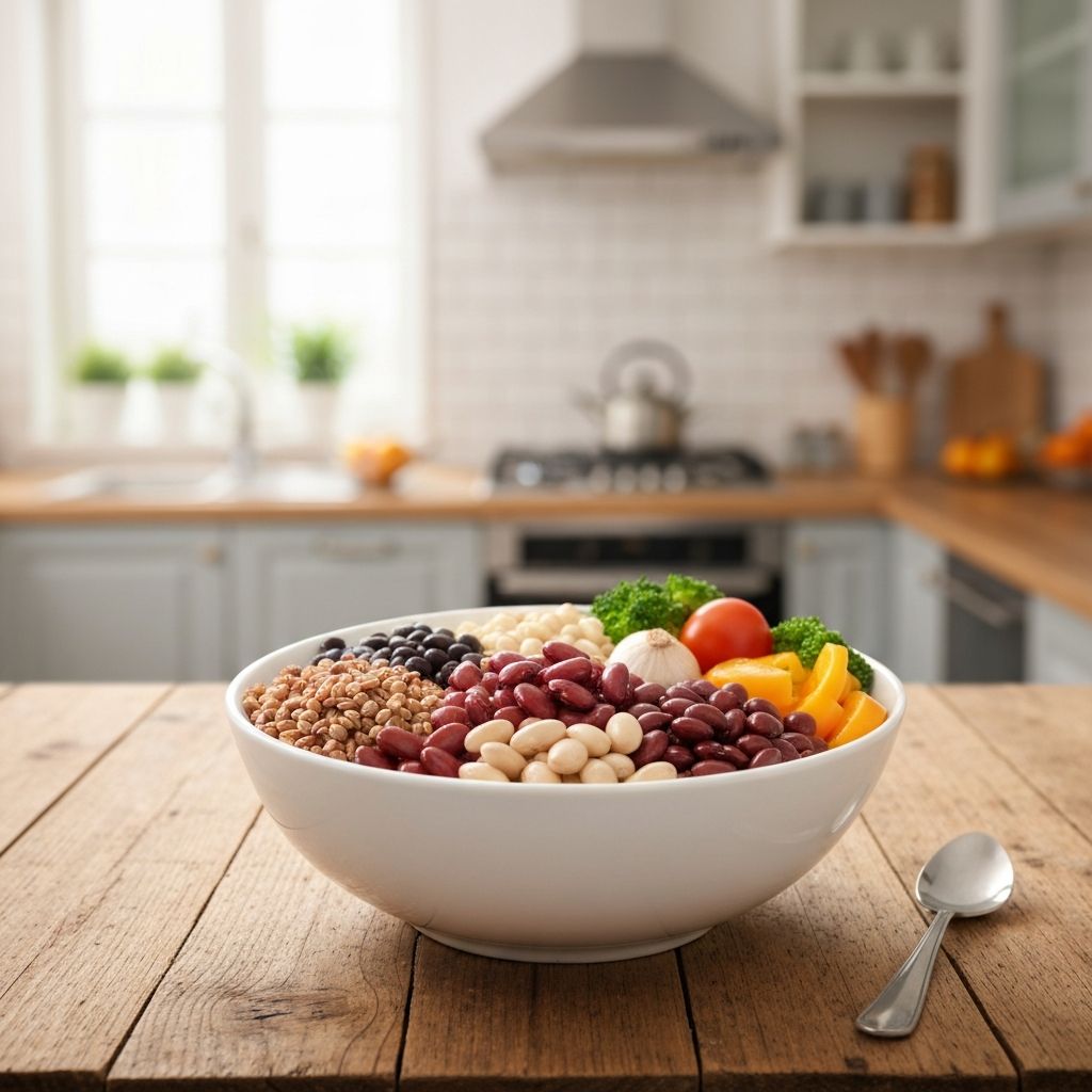 Colorful bowl of high-fiber foods including vegetables, legumes, and whole grains that support gut health