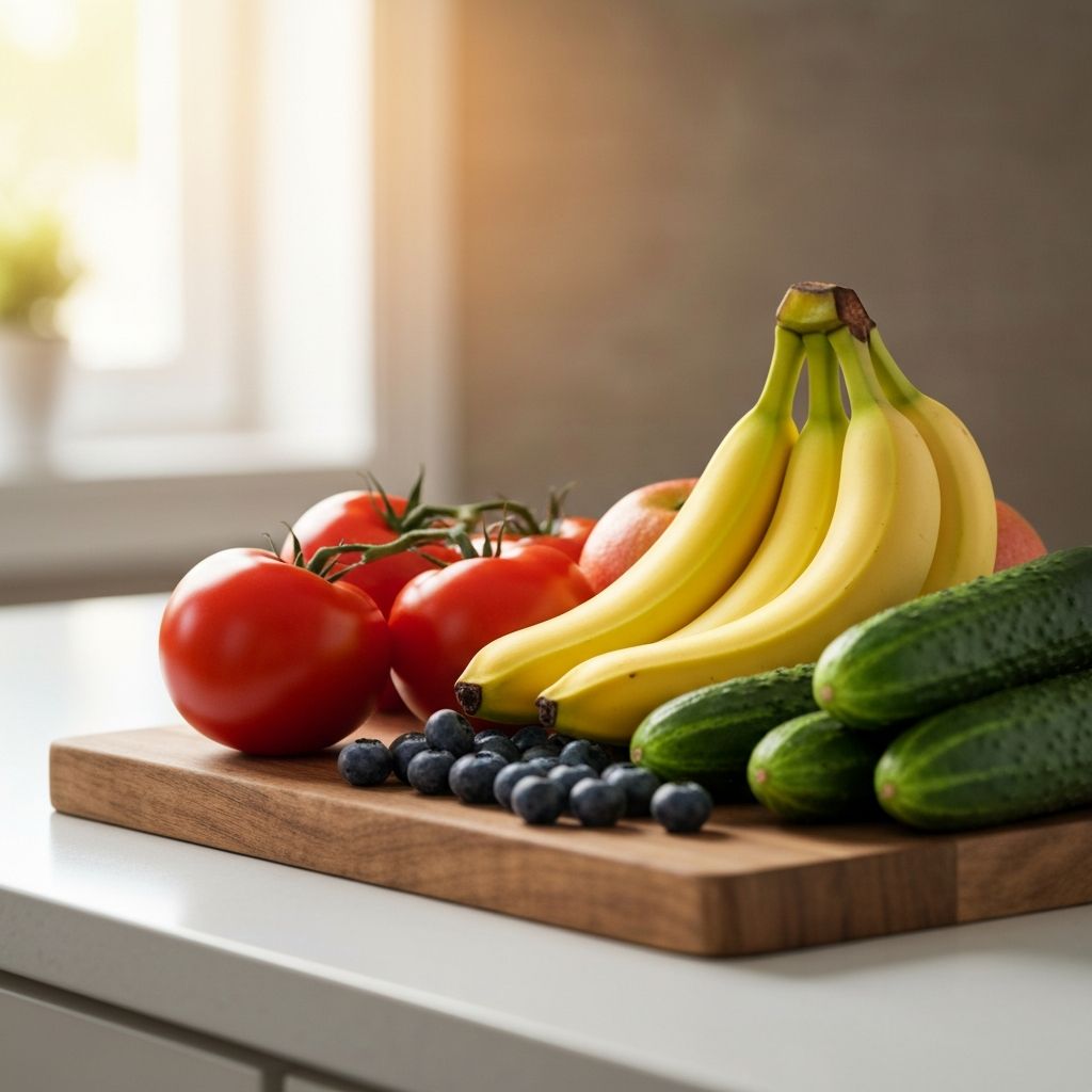 Fresh whole foods including colorful vegetables and fruits representing minimally processed options