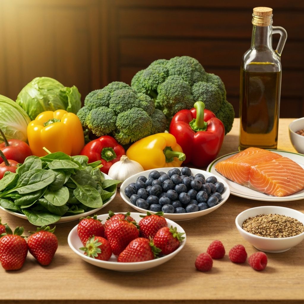 Colorful array of anti-inflammatory foods including berries, leafy greens, and fatty fish