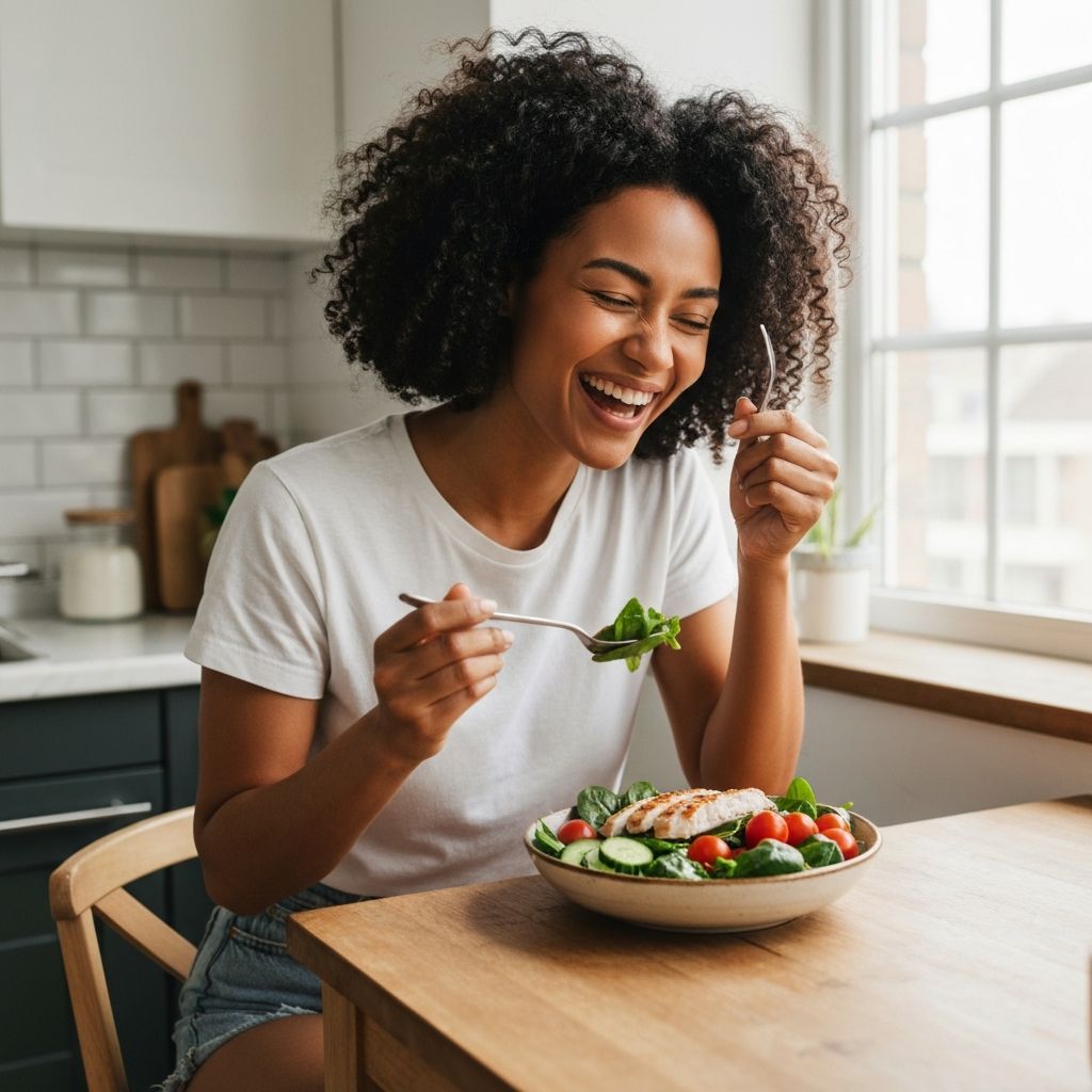 Woman enjoying a healthy meal, representing the connection between diet and mental wellbeing