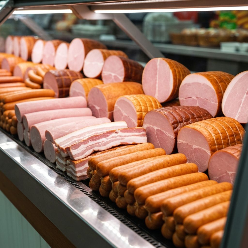 Various processed meats including bacon, sausages, and deli meats displayed at a counter