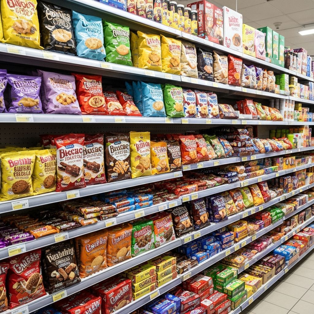Variety of colorful packaged ultra-processed foods including chips, cookies, and snacks in a supermarket aisle